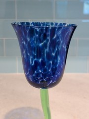 Royal Danube Art Glass Blue Confetti Long Green Stem Tulip Wine Glass 💙💚