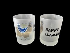 PAIR OF SIGNED CULVER HAPPY LLAMAKAH FROSTED & CLEAR JUDAICA 4 1/4″ TALL GLASSES