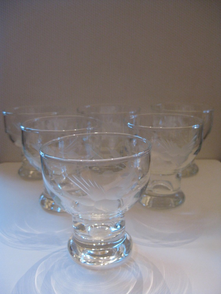 Set of 6 Vintage Hollow Stem Etched Crystal Whiskey Glasses 4 oz. Duck Cattails