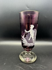 Vintage Flash Purple Wine Glass Hand Painted White Enamel Boy Flowers