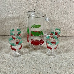 Vtg 1950’s Glass Tomato Juice Pitcher and Four Juice Glasses Swanky Swig Style