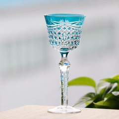 Bohemian Style Sky Blue Wine Goblet Glasses Hand Cut St.Louis Stemware Gift Pack