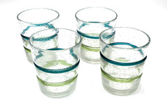 4 Pier 1 Tumblers 14oz Mexican Hand Blown Bubble Glass Green Teal Applied Stripe