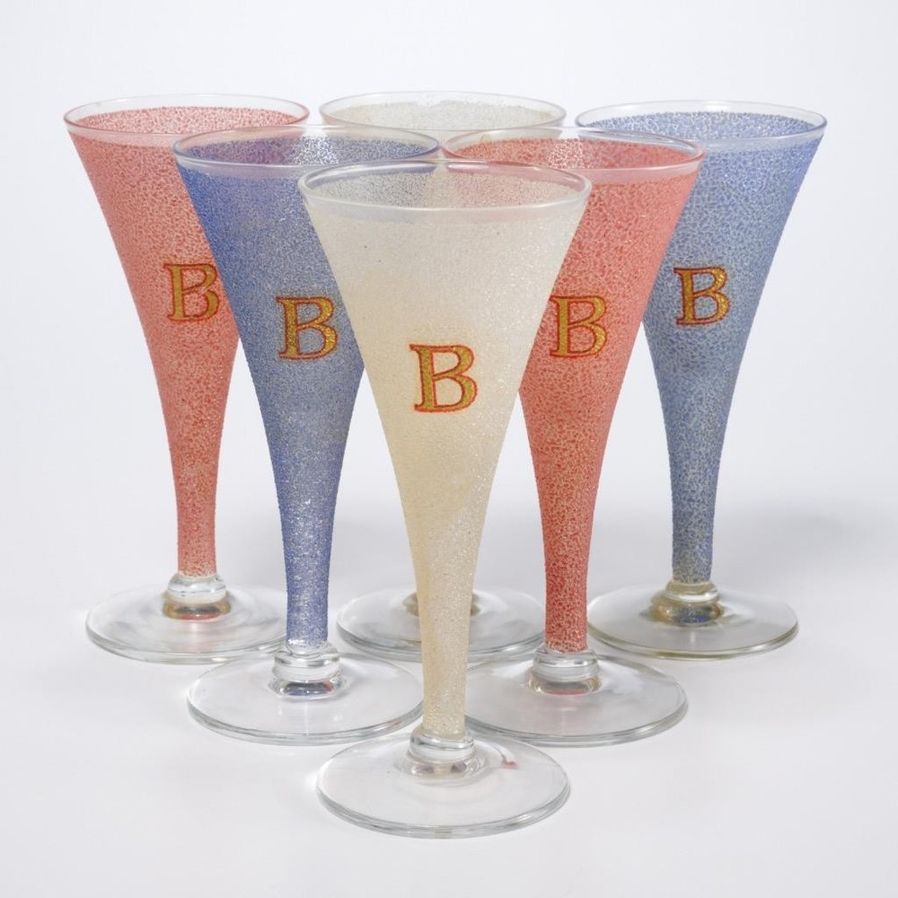 6 Red White Blue B Initial Cordial Trumpet Flute Glasses Iris Barrel Apfel, 4″h