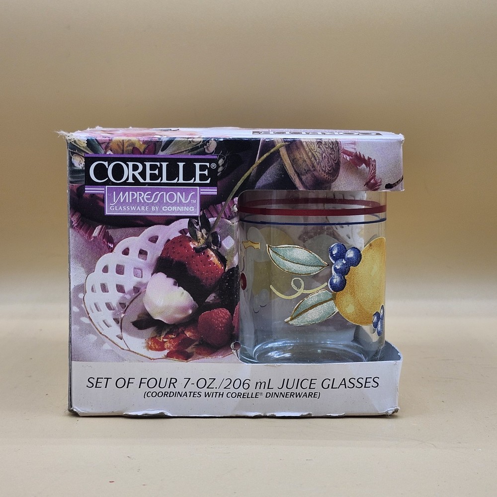 New In Box Set Of 4 Vintage CORELLE Abundance Juice Glasses 7 oz. Fruit Lemon