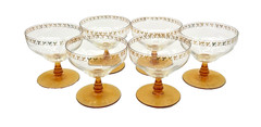 Vintage Amber Stemmed Gold Ivy Leaf Champagne Cocktail Coupe Glasses – Six
