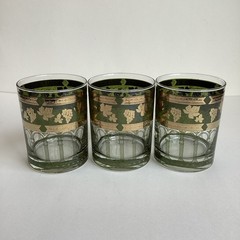Vintage Cera Double Old Fashioned Glasses 3 Gold Green Grapevine Column Cocktail