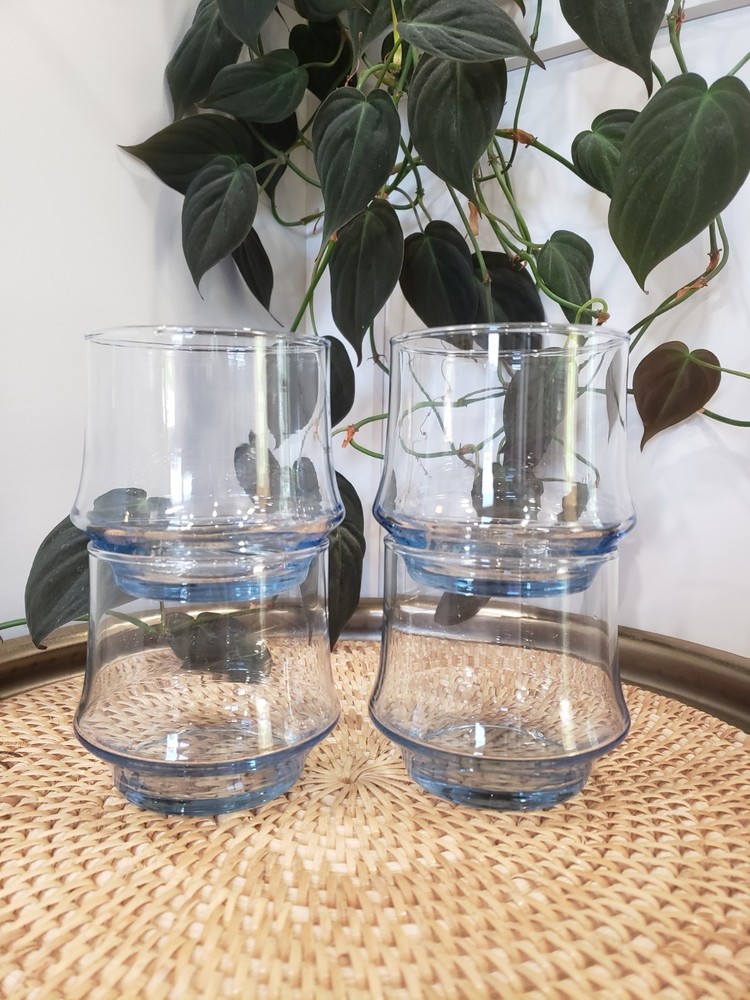 4 VTG Stacking Libbey Azure Blue 10oz Rocks Lowball Water Juice Whiskey Glasses