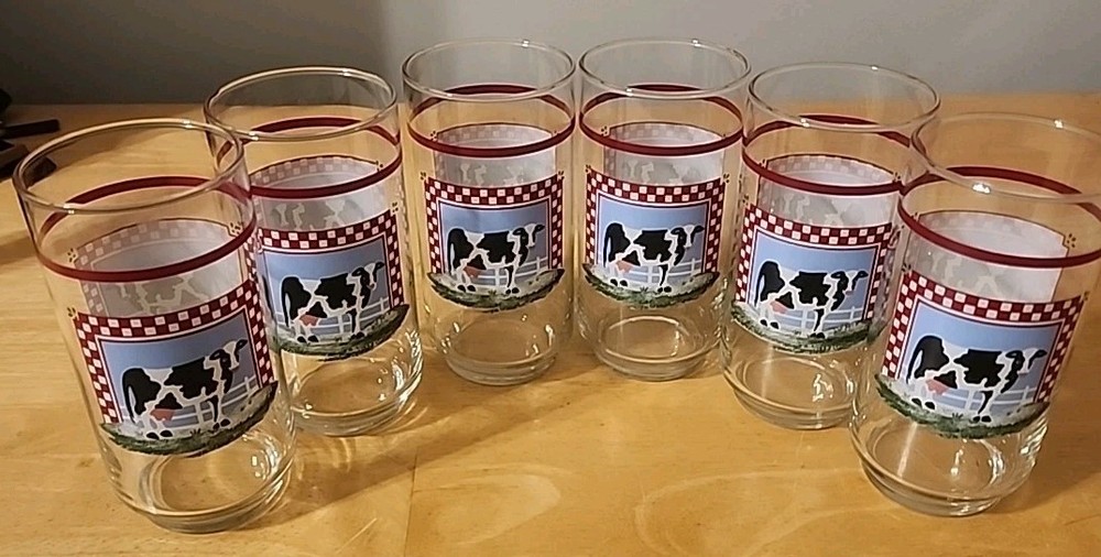 Vtg Indiana Fannie’s Farm Glass Cow Cooler Tumblers Glasses 16 oz Set of 6