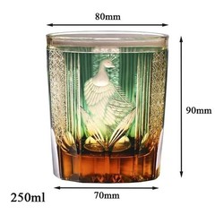 Edo Kiriko Emerald Green Peacock Hand Cut Crystal Whiskey Tumbler Glass Cup
