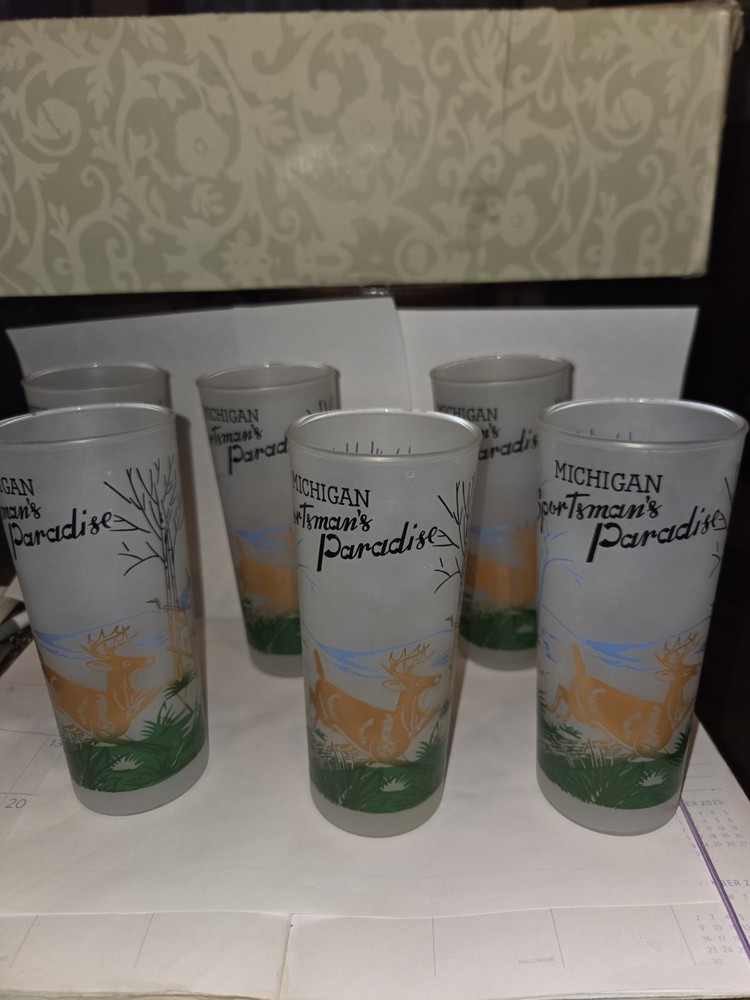 Vintage Mcm Michigan Sportsman Frosted Barware Highball Souvenir Glasseshunting