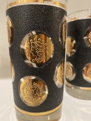 5 Libbey Black w/Gold Coins & Bands Highball Tumblers Bar Glasses 22K Gold MCM