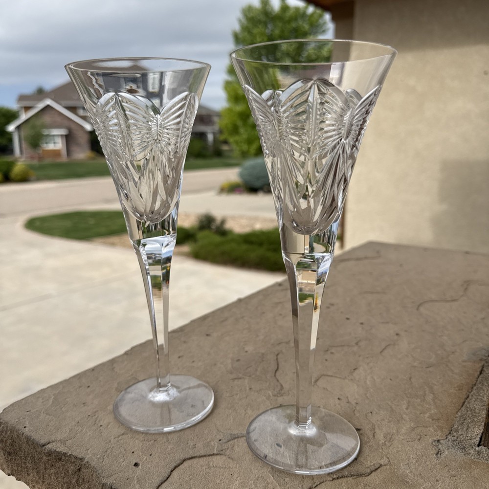 Waterford Crystal Millenium Peace Dove Toasting Flute Pair 9 1/4In Signed, Exc.