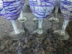 Vintage Hand Blown Heavy Wine Glasses Set Of Six Ribbon Pattern. Cobalt Blue
