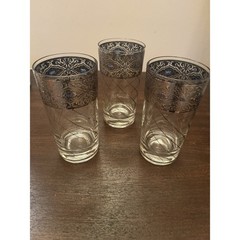 VTG 3 Culver Sorrento Hi-ball Tumblers Silver Lattice Blue Accent Signed Damage