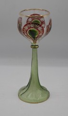 MOSER GLASS BOHEMIA ANTIQUE INTAGLIO GOLD RED TRUMPET STEM GOBLET PEACOCK 7.5″