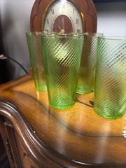 Set of Two 1920s Federal Glass Vaseline/Uranium Cord Optic Swirl Glasses 5.25”