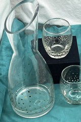 Gold Polka Dot Glass Decanter Wine Carafe w Glasses Bar Mid Century Modern Retro
