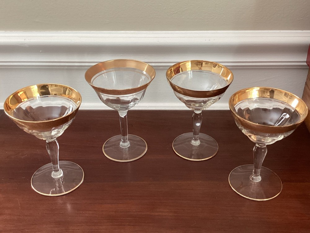 Tiffin Franciscan RAMBLER ROSE Gold Encrusted Champagne Tall Sherbet Glasses (4)