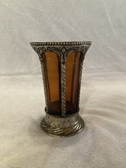 French Neoclassical Amber Art Glass Tumbler With Decorative Silver-Plated Metal