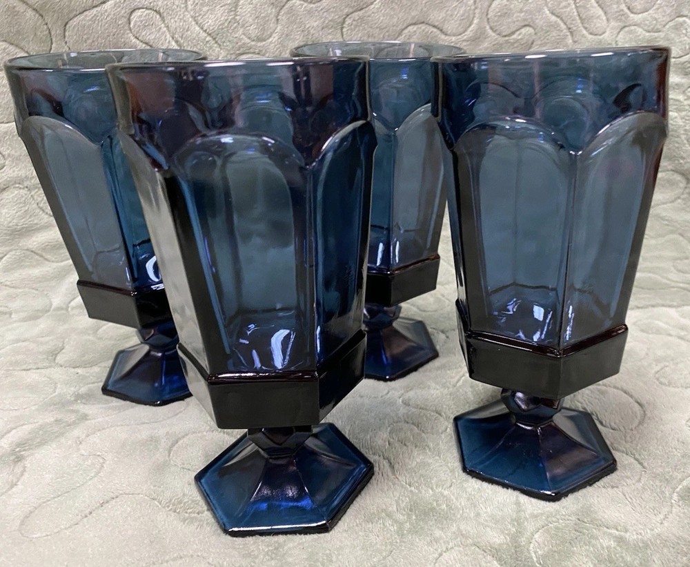 Set Of 4 Vintage Fostoria Virginia Dark Blue Iced Tea Goblets Great Condition