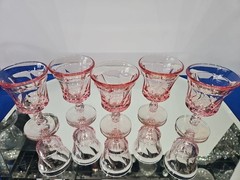 set (5) Wine Goblets Glasses 4-1/4″ Crystal Fostoria Jamestown Swirl Pink