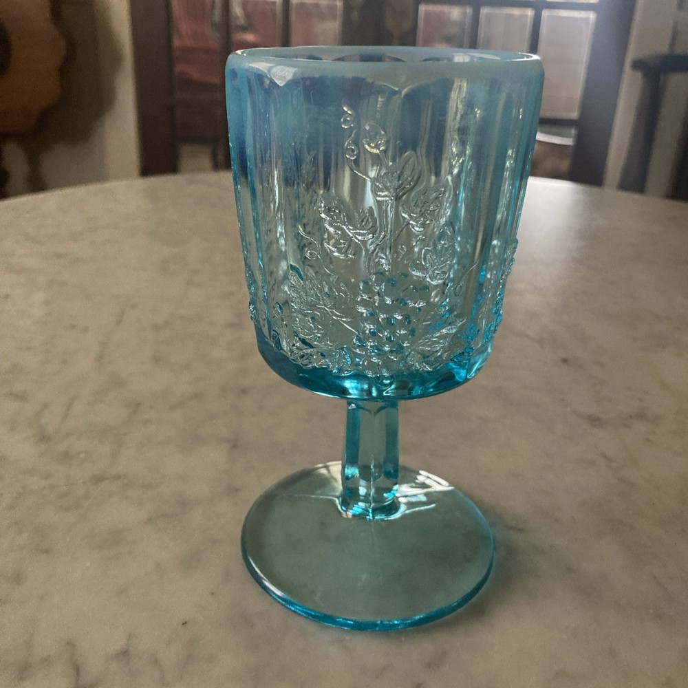 L G Wright Panel Grape Blue Opalescent Water Goblet 6”