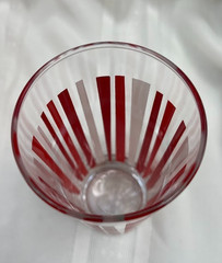 MID CENTURY MODERN ~ RED & WHITE VERTICAL STRIPE HIGHBALL GLASS SET of 6 ~ 14 oz