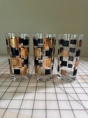 Vintage Cera Grecian Squares Highball Glasses Set of 3 Black Gold 22K MCM