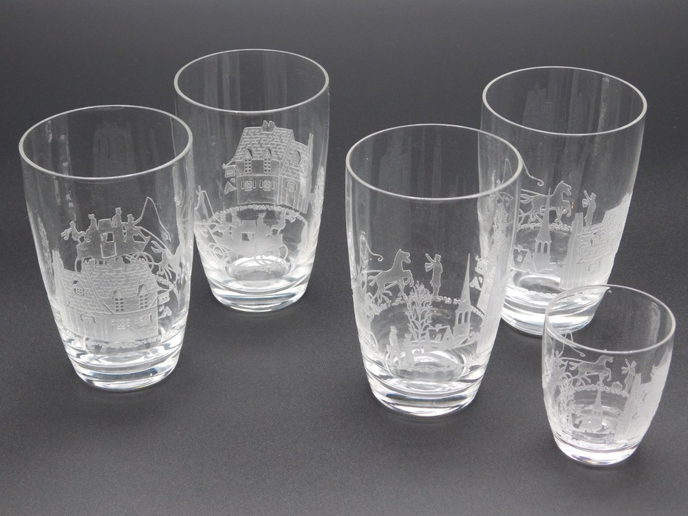 Vintag5pc Set Heisey Tally Ho Etched Glasses with Matching Shot Glass 3.75″ Tall
