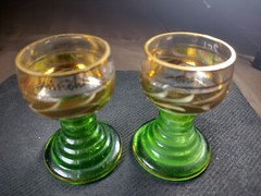 Vintage Set of 2 Green and Gold Etched Roemer Wine Goblets Made in Germany Barwa