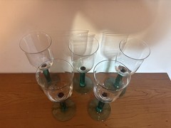 Hand Blown Clear Wine Goblets Teal Green Blue Stem Art Glass Set of 3***not 5***
