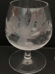 Vintage Crystal Brandy Snifter Glass Etched Game Bird Deer Hunting Set of 5