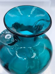 Teal Green Art Glass Vase Applied Clear Handles Hand Blown 5″ Tall