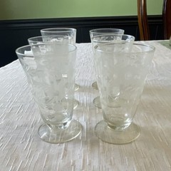 Clear Etched Floral Small Tumbler Glass, Glossy Round Six-Piece Drinkware Set