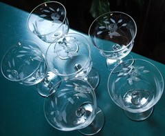 Vintage Set 6 HAND CUT Wine Glasses Ball Stem GREY CUT ROSES w LEAVES 4.5″