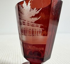 Antique Bohemian Cut To Clear Ruby Red Glass w/ Architectural Etchings Spa Glass