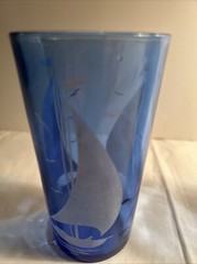 2 Hazel Atlas Cobalt Blue Ships Sailboat Glasses/ Tumblers 3 3/4″