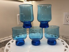 5 Vintage Anchor Hocking Tivoli Laser Blue Juice Glasses Tumblers