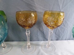 8 Bohemian Cut-to-Clear Crystal Wine Hocks Goblets Green Blue Cranberry Amber