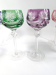 Set of 6 – Bohemian Overlay Cut-to-Clear Crystal Wine Goblets Jewel Tones