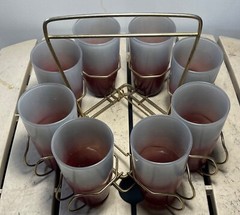 9 PIECE VINTAGE FROSTED COCKTAIL GLASSES IN BRASS CADDY