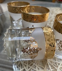 Set Of (4) Mid-Century Modern Gold Scroll Rocks Glasses 3.5” High EXCELLENT