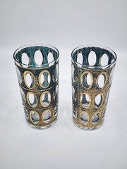 Vintage Culver Pisa Highball Glasses 22k Gold Crackle Textured Overlay Set of 2