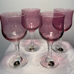 Cristalleria Fratelli Fumo Italy Pink Wine Glasses Etched Scrolls Set of 4