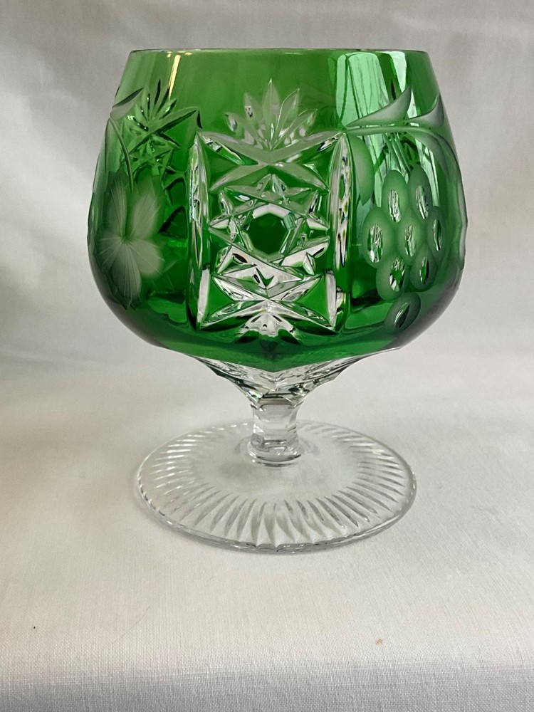 Ajka Marsala Emerald Green Cut to Clear Crystal Brandy Glass Cut Stem Hungary