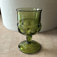 INDIANA GLASS Kings Crown Thumbprint 4 1/4″ T Cordial Glass VTG Avocado Green