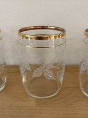 Set of 4 Vintage Bartlett Collins 3” Frosted Grape Leaf Etched Gold Rim Glasses