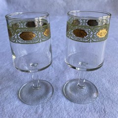 Stemmed Glasses Set of 2 Gold Green Tumbler 5 Oz Bar Glasses MCM Retro