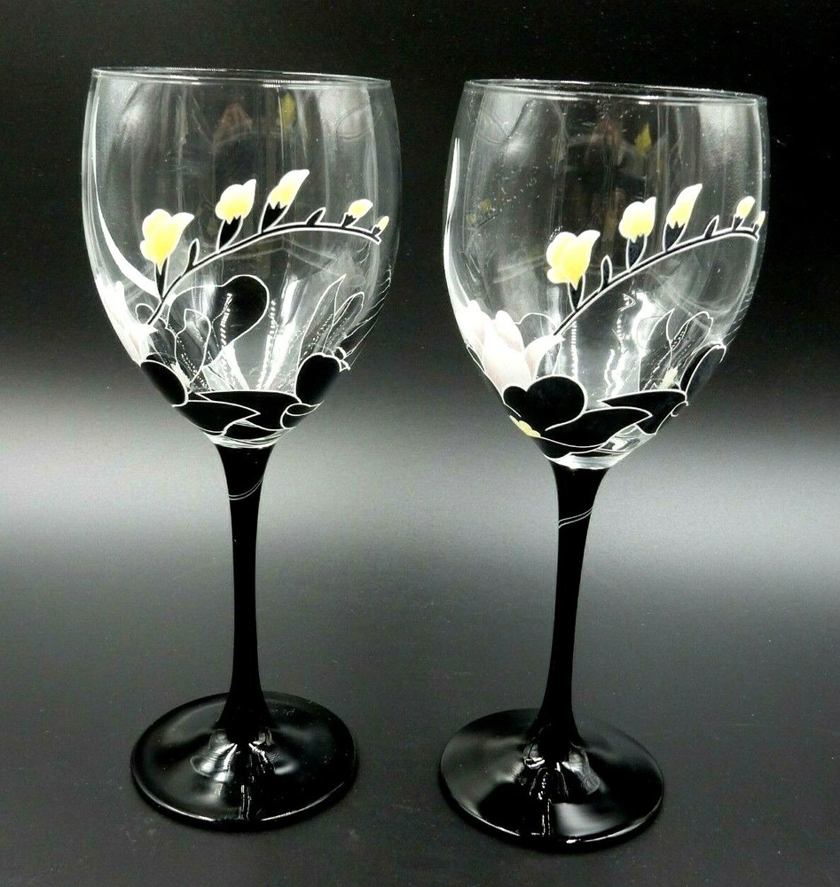 2 PINK & YELLOW FLORAL WINE GLASSES / WINE GOBLETS WITH BLACK STEMS